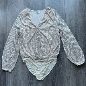 Glamorous Champagne Colored Silver Sequin Bodysuit